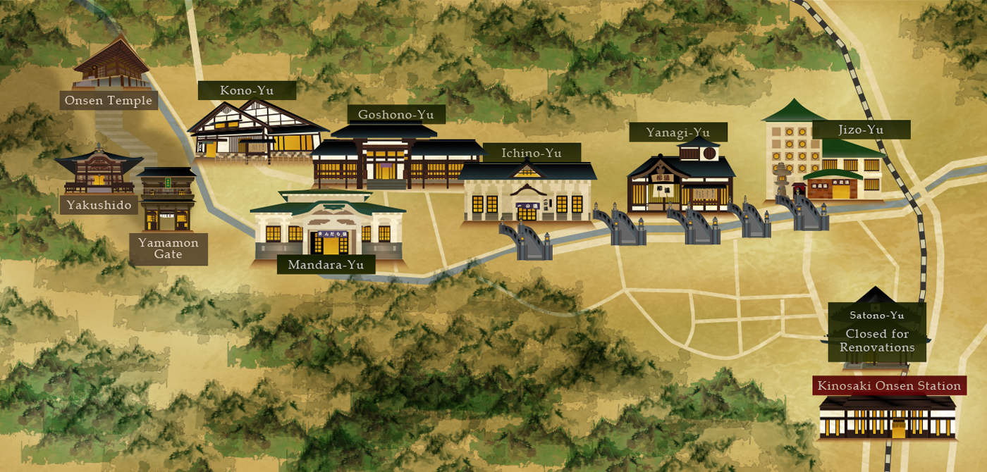 map of the onsen and town of Kinosaki